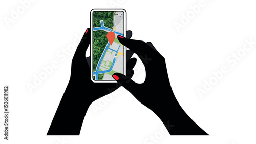 Navigation map on smartphone held by hands with red location pin interface design
