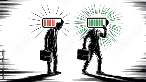 Businessmen walking with empty and full battery levels showing workplace energy difference
