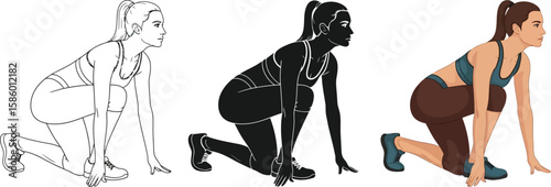 Three athletic woman illustrations showcase a runner in a starting position, rendered in line art, silhouette, and full color, ideal for fitness and sports themes.