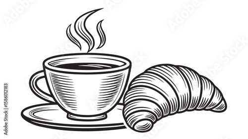 Hot steaming coffee cup with a delicious croissant on a saucer for breakfast