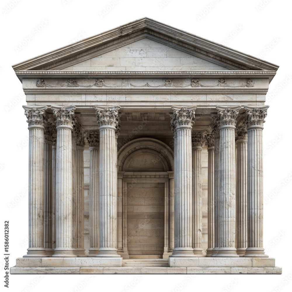 Fototapeta premium Classical temple fa?ade with detailed columns and architectural elements against a white background