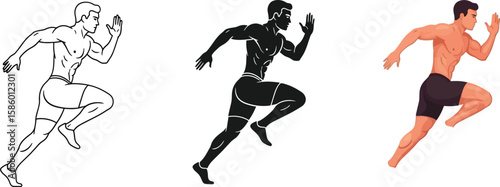 Athletic man sprinting is showcased in three distinct styles, including a line drawing, a solid silhouette, and a full-color illustration, highlighting fitness and motion.