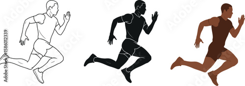 Three depictions of a runner in motion showcase athletic prowess, with line art, silhouette, and color versions emphasizing speed, agility, and the essence of running.