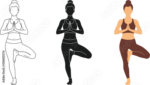 Three yoga poses showcase a woman in tree pose, depicted in line art, silhouette, and color, ideal for wellness, fitness, and mindful exercise themes, promoting balance and flexibility.