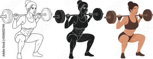 Illustration showcases a strong woman doing squats with a barbell, depicted in line art, silhouette, and full color, emphasizing fitness, strength training, and healthy lifestyle.