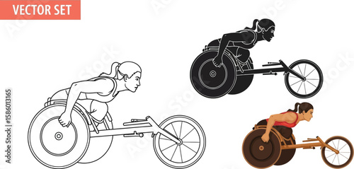 A vector set showcases a determined woman athlete in a racing wheelchair, depicted in line art, silhouette, and full color, highlighting sports, disability, and athletic competition.