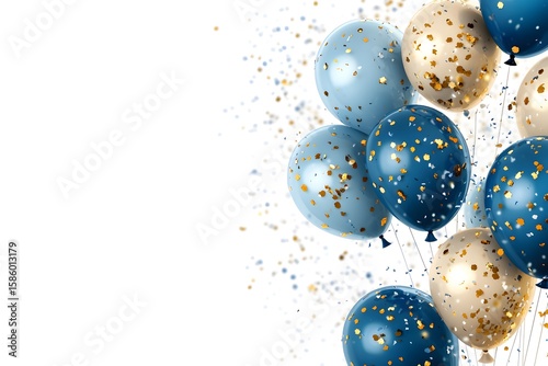 Abstract floating white and blue balloon, gold confetti. Grand opening, children party, festival