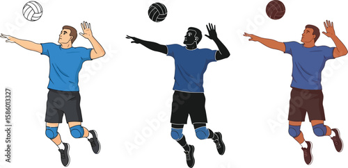 Three volleyball players in action, each with a different skin tone, showcase their athletic prowess as they jump and prepare to strike the volleyball in a dynamic pose.
