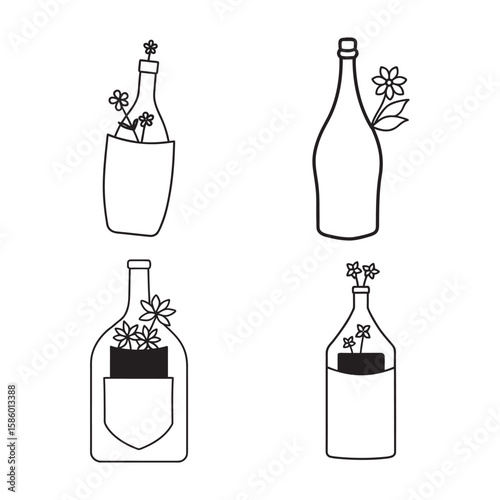 line art of wine bottle with flowers in pock bundle