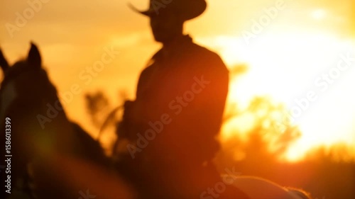 Riding Horse at Golden Sunset Silhouette Rural Scene