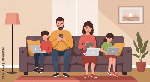 Family addicted to digital devices sitting together but disconnected, flat vector illustration