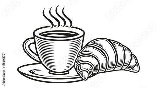 Black and white illustration of a steaming cup of coffee with a croissant on a saucer