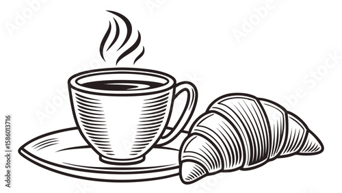 Hot steaming cup of coffee with a delicious croissant for breakfast
