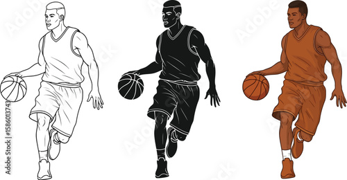 Basketball player dribbling the ball is showcased in three different styles, including a line drawing, a silhouette, and a colored version, all conveying athleticism and skill.
