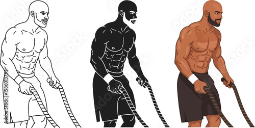 A muscular man is depicted in three different styles, showcasing his physique while holding battle ropes, ideal for fitness, health, and exercise-related content.