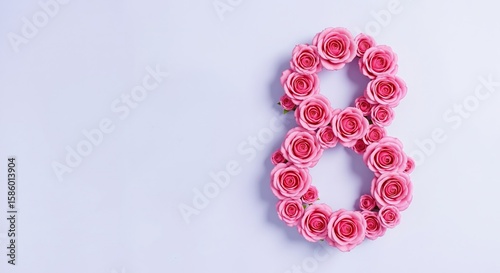 The number "8" formed by pink roses on a light purple background. Symbolizes international women's day and celebration of femininity for greeting cards and retail promotions