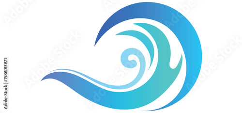 This image features flowing, stylized blue waves against a white background.	