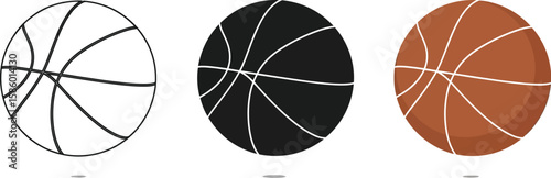 Three basketball icons showcase different styles, including outline, silhouette, and color, perfect for sports designs and athletic themes, offering versatility and visual appeal.