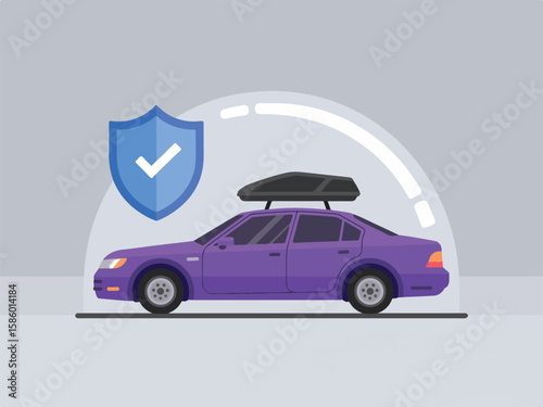 Vehicle Assurance Vector Illustrated Automobile, Insurance Protection and Road Trip Gear Ready