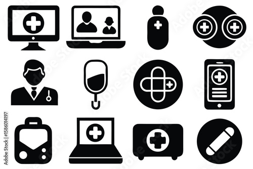 Remote Health Icon Set on White Background