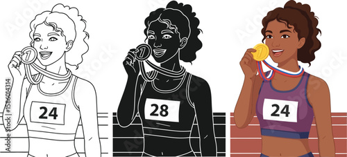 A triumphant athlete proudly displays her gold medal, showcasing her victory and achievement in a vector illustration with line art, silhouette, and color versions.