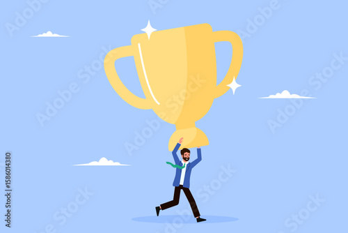 Confident entrepreneur hoists massive winner trophy. Symbolizes major business success, overcoming large-scale challenges and significant achievement.