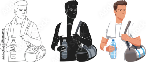 Three versions of a sporty man illustration showcase fitness lifestyle, featuring a gym bag, water bottle, and towel, ideal for health, wellness, and active living concepts.