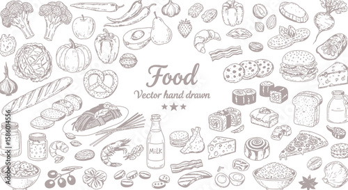 Assorted food elements featuring fruits, vegetables, bread, meat in hand drawn style.