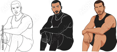 Three versions of a stylized man in a tank top are presented, showcasing a line drawing, a solid black silhouette, and a colorized version, ideal for design projects.