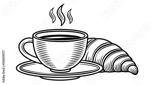 Hot steaming cup of coffee with a delicious croissant for breakfast