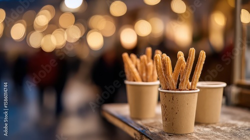 Churros with sugar and hot chocolate in cups standing on wooden table in christmas market at evening