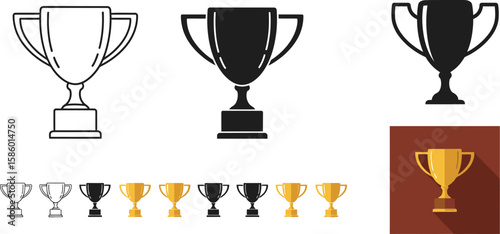 Collection of trophy icons showcasing achievement and success, presented in various styles including line art, silhouette, and flat design, ideal for awards and recognition concepts.
