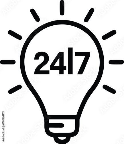 Simple line art 24/7 service availability lightbulb icon symbol for business