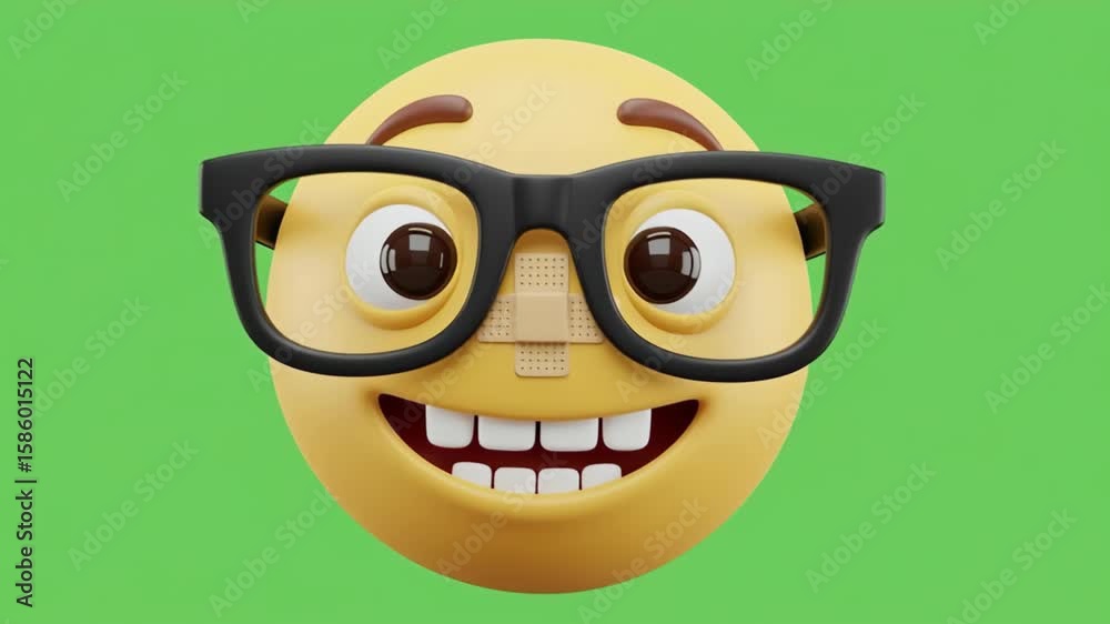 Animation of a nerd emoji with taped glasses laughing on a green screen, transparent background, for concepts of geek culture, studying, intelligence, or back to school humor
