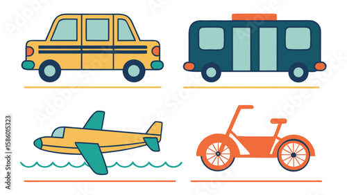 Colorful cartoon vehicles including car bus airplane and tricycle on white background