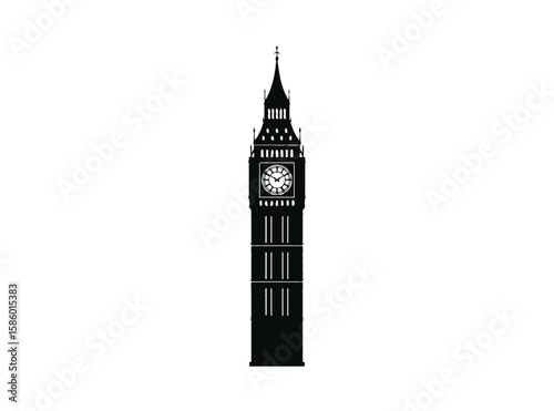 Iconic big ben clock tower silhouette isolated on transparent background
