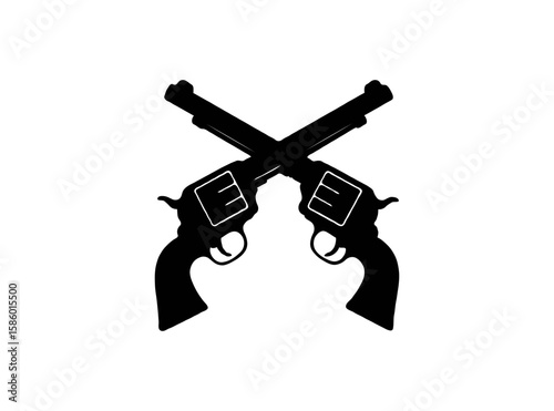 silhouette of two crossed revolvers on a transparent background, evoking a wild west theme with bold outlines
