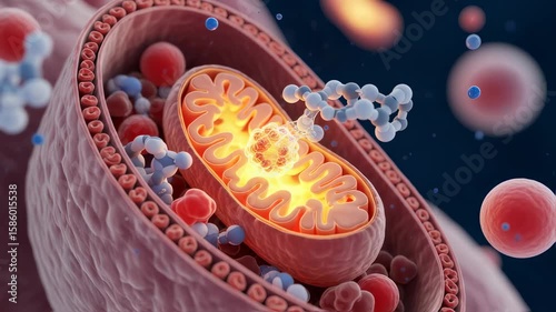 Detailed cross section of a mitochondrion revealing internal structures and interactions with surrounding molecules, emphasizing energy production and metabolic processes