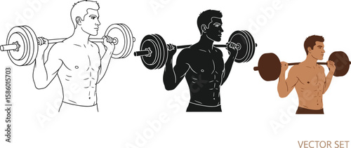 Three vector illustrations showcase a muscular man lifting a barbell, depicted in line art, silhouette, and color, ideal for fitness, gym, and workout themes in graphic design.
