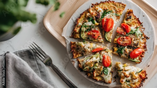 Sliced cauliflower crust pizza with roasted vegetables, herbs, and mozzarella is waiting on a wooden tray
