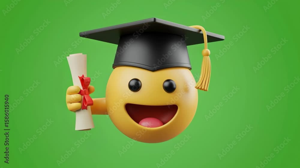 Animation of a surprised emoji in a graduation cap holding a diploma on a green screen, for content about education, academic success, commencement and online learning