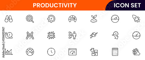 Productivity vector web line icon collection, sleek illustrations of tasks, clocks, calendars, efficiency tools for streamlined, effective designs.
