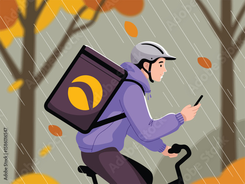 Autumnal Delivery Boy Rides Bicycle Vector Graphic in Rain for Food Delivery Express Service 
