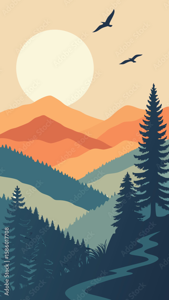 Fototapeta premium Peaceful Digital Illustration of a Sunrise Mountain Landscape with Pine Forests and a Winding Path