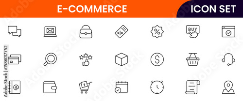 E-commerce vector web line icon collection, sleek illustrations of carts, payments, products, online shopping for vibrant, digital marketplace designs.