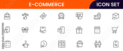 E-commerce vector web line icon collection, sleek illustrations of carts, payments, products, online shopping for vibrant, digital marketplace designs.