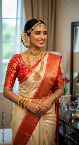 Beautiful indian bride in traditional saree and gold jewelry smiling