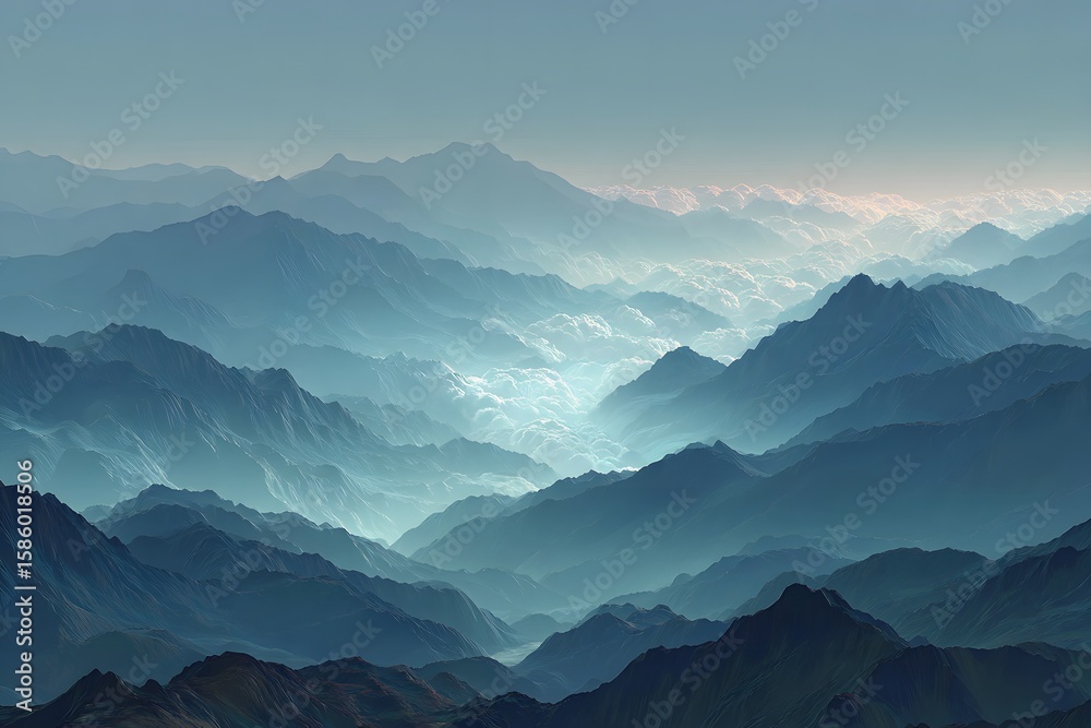 Fototapeta premium Ethereal Misty Mountain Landscape at Sunrise/Sunset - Serene Nature View