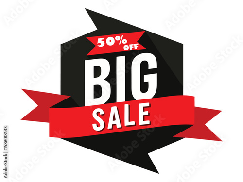 Announcing a big sale with a fifty percent discount offer on a black and red banner.