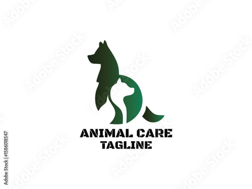 A stylized animal care logo features a dog and cat silhouette in green gradient colors.